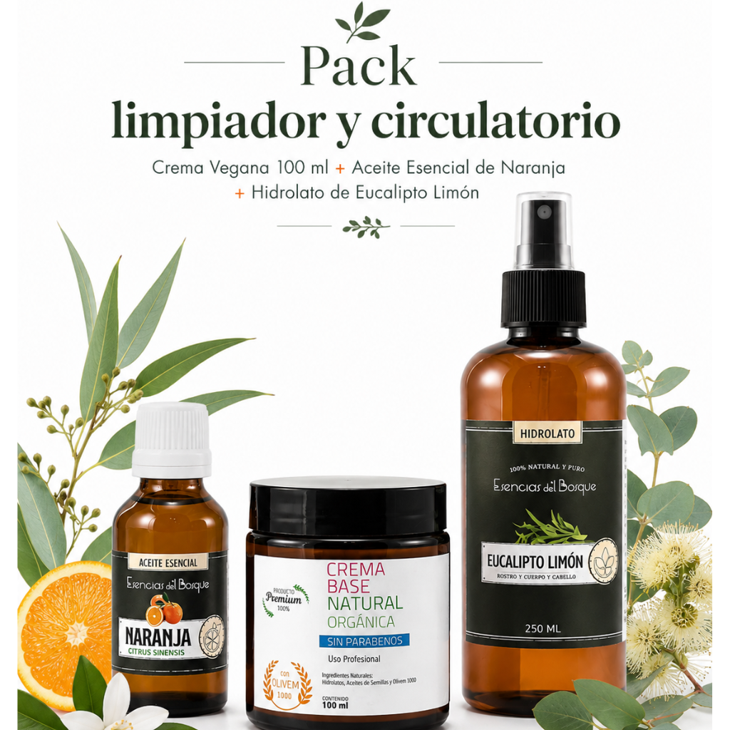 Pack limpiador y circulatorio Crema Vegana 100 ml+ Aceite Esencial de Naranja + Hidrolato de Eucalipto Limón
