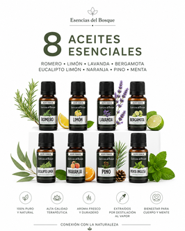 8 Aceites Esenciales ( Romero, limón, lavanda, bergamota, eucalipto limón, naranja, pino, menta)